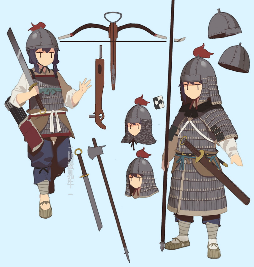1girl armor axe black_hair blue_background chainmail chinese_armor chinese_clothes chinese_empire chinese_text crossbow dao fangdan_runiu futou hanfu helmet holding holding_polearm holding_weapon jitome lamellar_armor original polearm quiver scabbard sheath song_dynasty tassel weapon