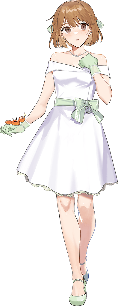 1girl anchor anchor_ornament breasts crab dress drew_(drew213g) gloves green_gloves green_ribbon hair_ribbon hand_on_own_chest jewelry kantai_collection medium_breasts necklace oboro_(kancolle) official_art ribbon short_hair transparent_background white_dress