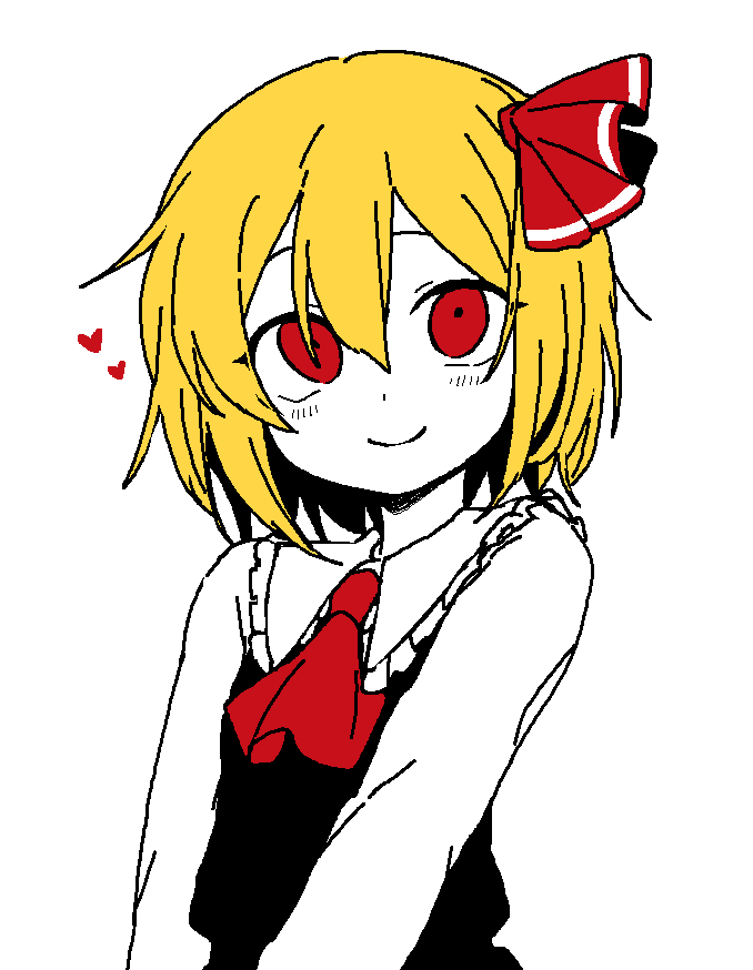 1girl ascot bbyong403 black_vest blonde_hair blush closed_mouth collared_shirt hair_between_eyes hair_ribbon heart korean_commentary long_sleeves looking_at_viewer red_ascot red_eyes red_ribbon ribbon rumia shirt short_hair simple_background smile solo touhou upper_body vest white_background white_shirt