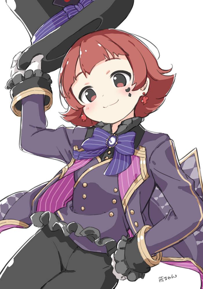 1girl black_pants blunt_bangs blush breasts buttons character_name closed_mouth cowboy_shot dot_nose earrings flipped_hair frilled_sleeves frills gloves hand_on_own_hip hat heart_stickers holding holding_clothes holding_hat idolmaster idolmaster_million_live! idolmaster_million_live!_theater_days jacket jewelry kuresuku_(lessons) long_sleeves looking_at_viewer nonohara_akane official_alternate_costume open_clothes open_hand open_jacket pants purple_jacket purple_ribbon red_eyes redhead ribbon short_hair sidelocks simple_background small_breasts smile solo sticker_on_face top_hat white_background white_gloves