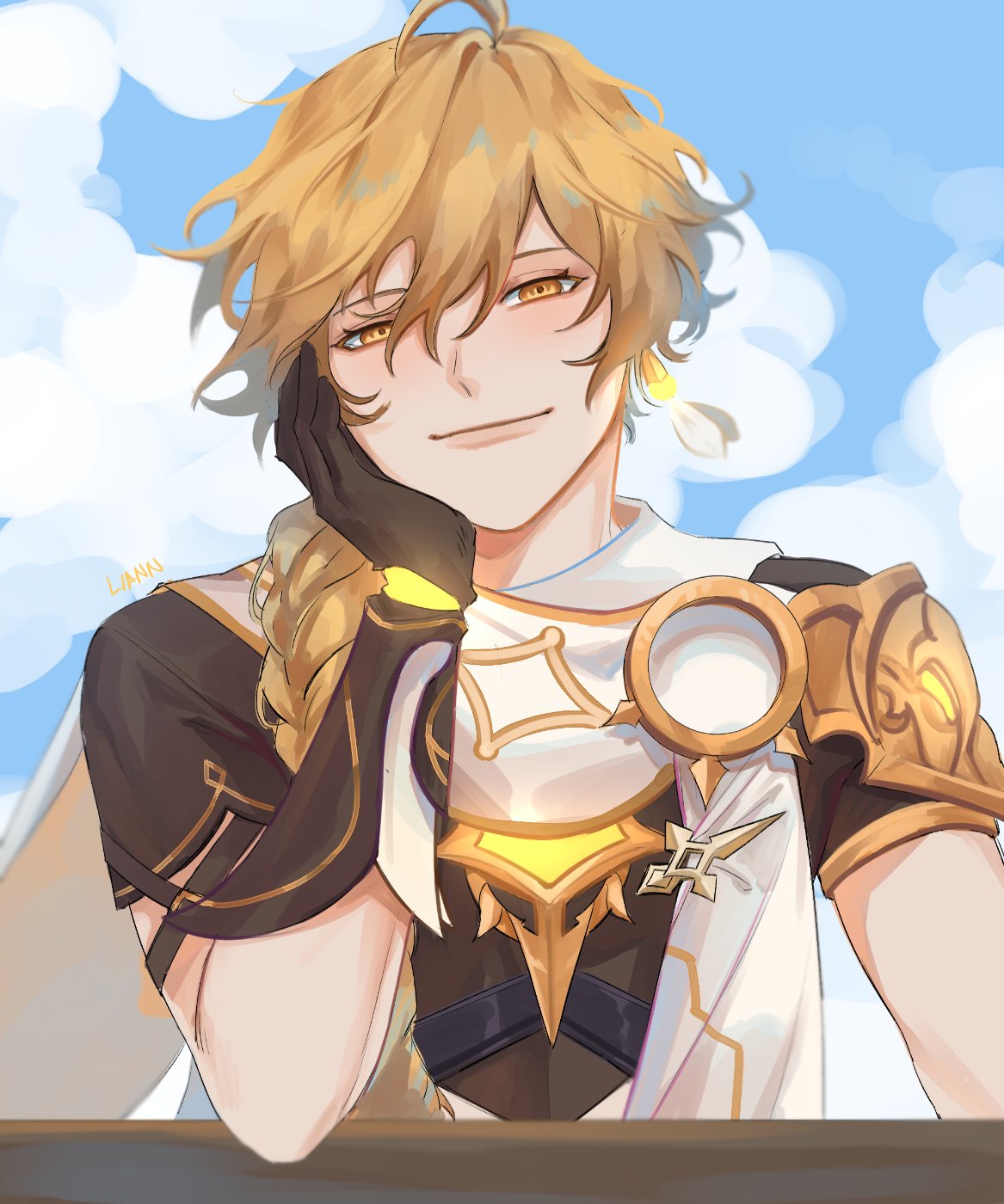 1boy aether_(genshin_impact) ahoge arm_armor armor artist_name blonde_hair blue_sky blush braid brown_gloves brown_shirt closed_mouth clouds cloudy_sky earrings genshin_impact gloves hair_between_eyes hand_on_own_face hand_up highres jewelry liann1009 lips long_hair looking_at_viewer male_focus outdoors scarf shirt short_sleeves shoulder_armor single_earring sitting sky smile solo table white_scarf yellow_eyes