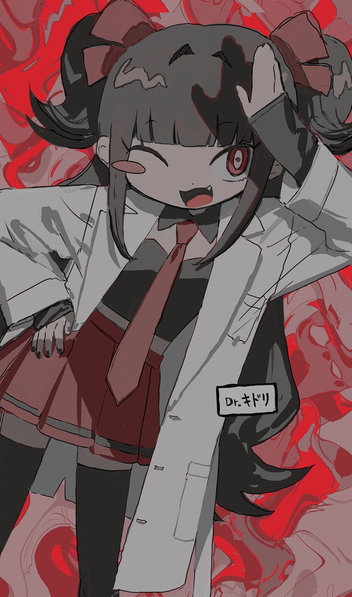 1girl :3 :d black_hair black_nails black_shirt black_thighhighs black_trim blunt_bangs blush_stickers borrowed_character crop_top cropped_legs detached_collar fang hair_intakes hair_ribbon hand_on_own_hip highres lab_coat long_hair long_sleeves looking_at_viewer namoku_(namottttt) necktie one_eye_closed original pleated_skirt red_background red_eyes red_necktie red_ribbon red_skirt ribbon salute shirt short_twintails sidelocks skirt smile solo thigh-highs twintails zettai_ryouiki