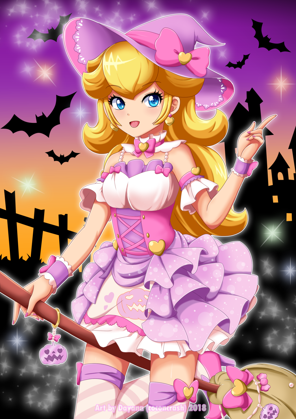 1girl 2018 alternate_costume artist_name bare_shoulders bat_(animal) beads blonde_hair blue_eyes bow bowtie brooch broom broom_riding castle choker coconcrash corset cowboy_shot cross-laced_clothes cross-laced_corset detached_sleeves dress earrings english_text eyelashes fence frilled_choker frilled_dress frilled_sleeves frills grass halloween halloween_costume hat hat_bow hat_ornament heart heart_brooch heart_earrings heart_hat_ornament highres jack-o'-lantern_print jewelry lace-trimmed_bow lace_trim long_hair looking_at_viewer open_mouth orange_sky outdoors patreon_username pink_bow pink_bowtie pink_choker pink_corset pink_sleeves pointing princess_peach purple_dress purple_headwear purple_sky purple_wrist_cuffs short_dress sky sleeveless sleeveless_dress smile solo sparkle super_mario_bros. watermark witch_hat wrist_bow