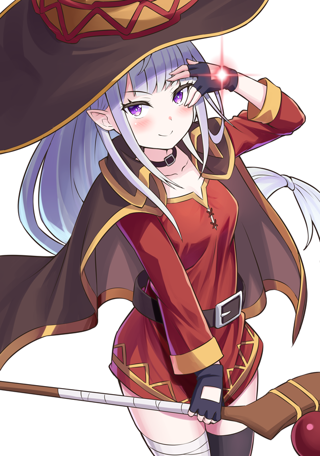 1girl bandaged_leg bandages belt belt_collar black_cape black_thighhighs blush breasts brown_belt cape chuunibyou collar cosplay cowboy_shot dress elf emilia_(re:zero) fingerless_gloves gloves grey_hair hand_over_eye hat holding holding_staff long_hair looking_at_viewer mage_staff megumin megumin_(cosplay) pointy_ears re:zero_kara_hajimeru_isekai_seikatsu red_dress s_(hdru2332) short_dress single_thighhigh smile solo staff takahashi_rie thigh-highs thighs violet_eyes voice_actor_connection white_background white_hair witch_hat