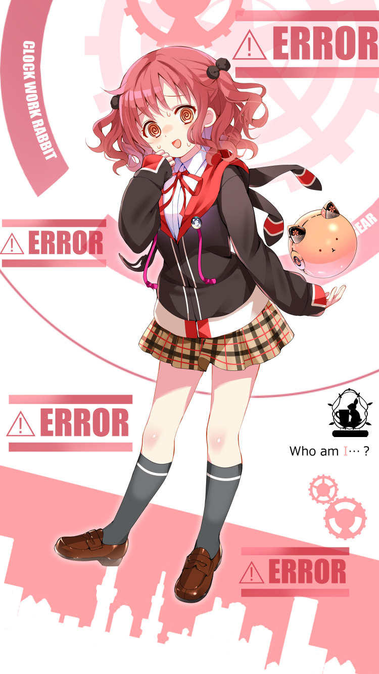 1girl @_@ alternate_costume april_fools arm_at_side black_cardigan black_socks blush brown_footwear brown_skirt cardigan collared_shirt confused english_text full_body gear_print gochuumon_wa_usagi_desu_ka? hair_ornament hand_up highres kneehighs koi_(koisan) loafers looking_at_viewer medium_hair miniskirt natsu_megumi neck_ribbon nervous_smile official_art official_wallpaper open_mouth plaid plaid_skirt pleated_skirt pom_pom_(clothes) pom_pom_hair_ornament red_eyes red_ribbon redhead ribbon school_uniform shirt shoes simple_background skirt sleeves_past_wrists smile socks solo standing sweatdrop twintails wavy_hair white_background white_shirt