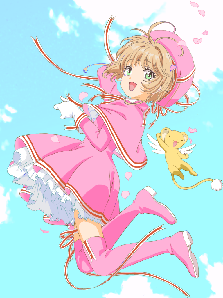 1girl adjusting_hair antenna_hair beret boots brown_hair capelet cardcaptor_sakura clouds cloudy_sky dress falling_petals full_body gloves green_eyes hat kero_(cardcaptor_sakura) kinomoto_sakura knee_boots looking_to_the_side petals pink_capelet pink_dress pink_footwear pink_hat rabitan1022 ribbon_trim short_hair sky white_gloves wings
