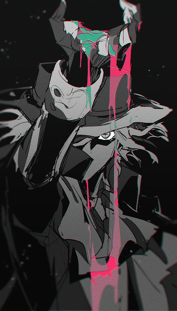 1boy arm_up ascot chromatic_aberration cloak covered_mouth cross-shaped_pupils dripping edmond_dantes_(fate) fate/grand_order fate_(series) fedora film_grain greyscale hair_over_one_eye hat liquid long_sleeves looking_at_viewer male_focus menma222 monochrome one_eye_covered short_hair simple_background sleeve_cuffs solo spot_color symbol-shaped_pupils upper_body wavy_hair