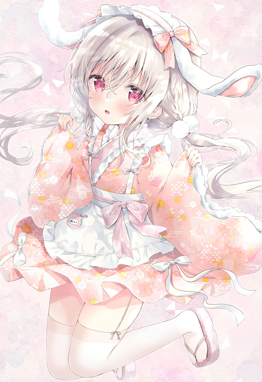 1girl :d amedamacon animal_ears apron blush commentary_request fake_animal_ears floppy_ears frilled_apron frilled_hairband frills full_body garter_straps grey_hair hair_between_eyes hairband highres japanese_clothes kimono long_hair long_sleeves looking_at_viewer maid original pinching_sleeves pink_footwear pink_hairband pink_kimono rabbit_ears red_eyes sandals sleeves_past_wrists smile solo thigh-highs very_long_hair wa_maid white_apron white_thighhighs wide_sleeves zouri