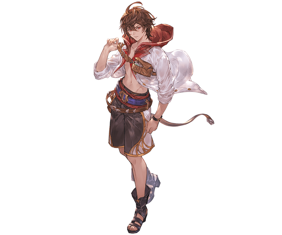 1boy ahoge arm_up bag belt bishounen bracelet brown_bag brown_hair expressionless floating_clothes full_body gladiator_sandals granblue_fantasy hair_between_eyes hip_bones hood hood_down jacket jewelry light_frown male_swimwear midriff minaba_hideo official_alternate_costume official_art open_clothes open_jacket pectorals red_eyes sandalphon_(granblue_fantasy) sandals sleeves_rolled_up standing swim_trunks tachi-e transparent_background
