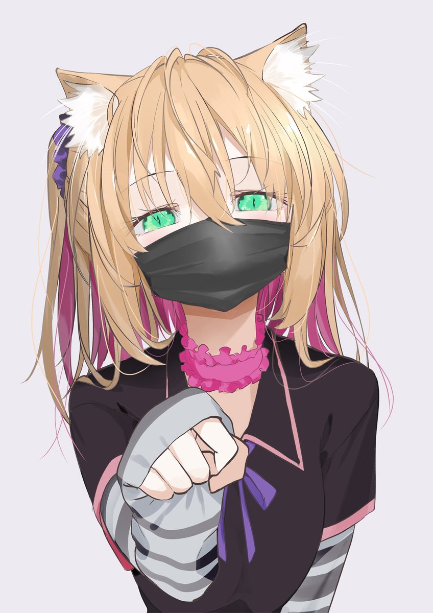 1girl animal_ear_fluff animal_ears black_shirt blonde_hair cat_ears cat_girl choker colored_inner_hair covered_mouth frilled_choker frills furry furry_female green_eyes grey_background hair_between_eyes hair_ornament hair_scrunchie highres jirai_kei layered_sleeves long_sleeves looking_at_viewer mask mouth_mask multicolored_hair one_side_up original paw_pose pink_choker purple_hair scrunchie shirt short_over_long_sleeves short_sleeves simple_background sleeves_past_wrists slit_pupils solo striped_sleeves two-tone_hair upper_body yongen_yu