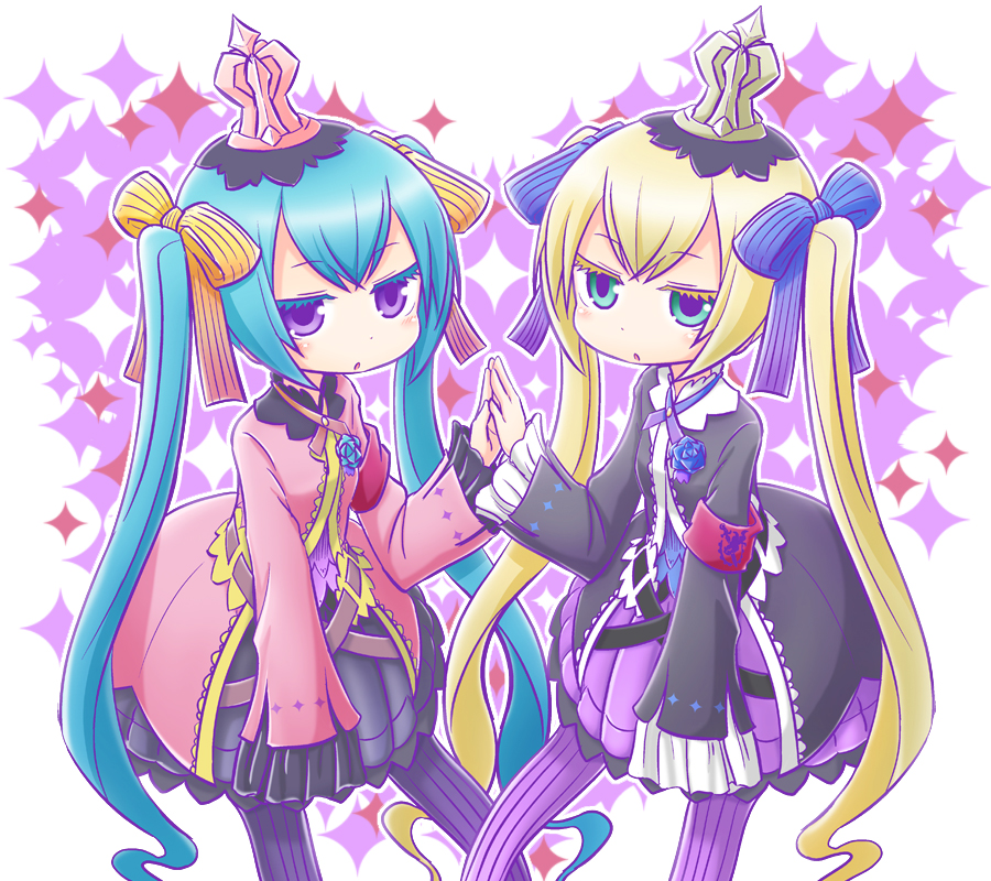 2girls 7th_dragon_(series) 7th_dragon_2020 :o armband black_jacket black_skirt blonde_hair blue_bow blue_eyes blue_flower blue_hair blue_rose blue_shirt bow character_request chelsea_(7th_dragon) colored_eyelashes commentary_request crown flower frilled_sleeves frills hacker_(7th_dragon) hair_bow jacket long_sleeves mini_crown multiple_girls naga_u pantyhose parted_lips pink_jacket pleated_skirt purple_pantyhose purple_shirt purple_skirt rose shirt skirt sleeves_past_fingers sleeves_past_wrists sparkle_background striped_bow striped_clothes striped_pantyhose twintails vertical-striped_clothes vertical-striped_pantyhose violet_eyes white_background yellow_bow