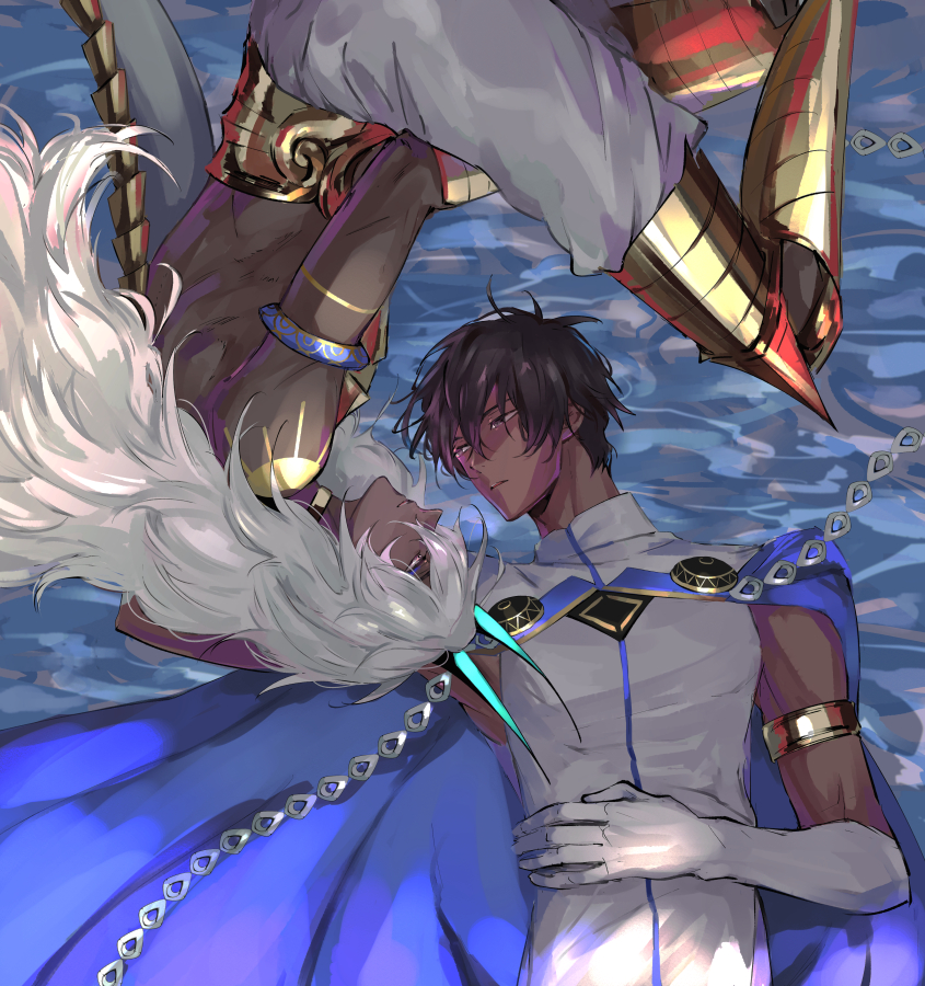 2boys arjuna_(fate) arjuna_alter_(fate) armor black_eyes black_hair blue_horns cape commentary_request dark-skinned_male dark_skin fate/grand_order fate_(series) gloves hair_between_eyes horns indian_clothes jewelry long_hair looking_at_another male_focus multiple_boys ripples short_hair toned toned_male upside-down very_long_hair water white_cape white_gloves white_hair yamakawatani