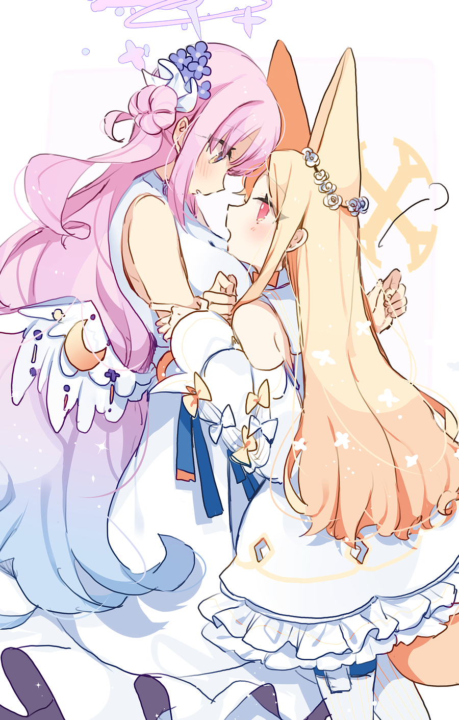 2girls angel_wings animal_ear_fluff animal_ears bare_shoulders blonde_hair blue_archive blue_flower blush capelet detached_sleeves dress eye_contact flower hair_flower hair_ornament halo highres long_hair looking_at_another mika_(blue_archive) multiple_girls pink_halo purple_flower red_eyes seia_(blue_archive) sleeves_past_fingers sleeves_past_wrists tail white_capelet white_dress white_flower white_wings wide_sleeves wings yellow_eyes yellow_halo yun_(dust-i1) yuri