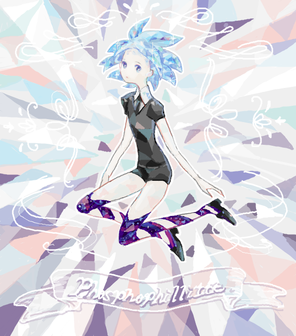 1other androgynous aqua_hair bad_drawr_id bad_id black_footwear black_necktie black_shirt black_shorts blue_eyes blue_hair bright_pupils character_name collared_shirt crystal_hair floating full_body gem_uniform_(houseki_no_kuni) houseki_no_kuni looking_at_viewer megamegaglass multicolored_background necktie other_focus outline parted_lips phosphophyllite puffy_short_sleeves puffy_sleeves shirt shoes short_hair short_sleeves shorts solo thigh-highs white_outline white_pupils