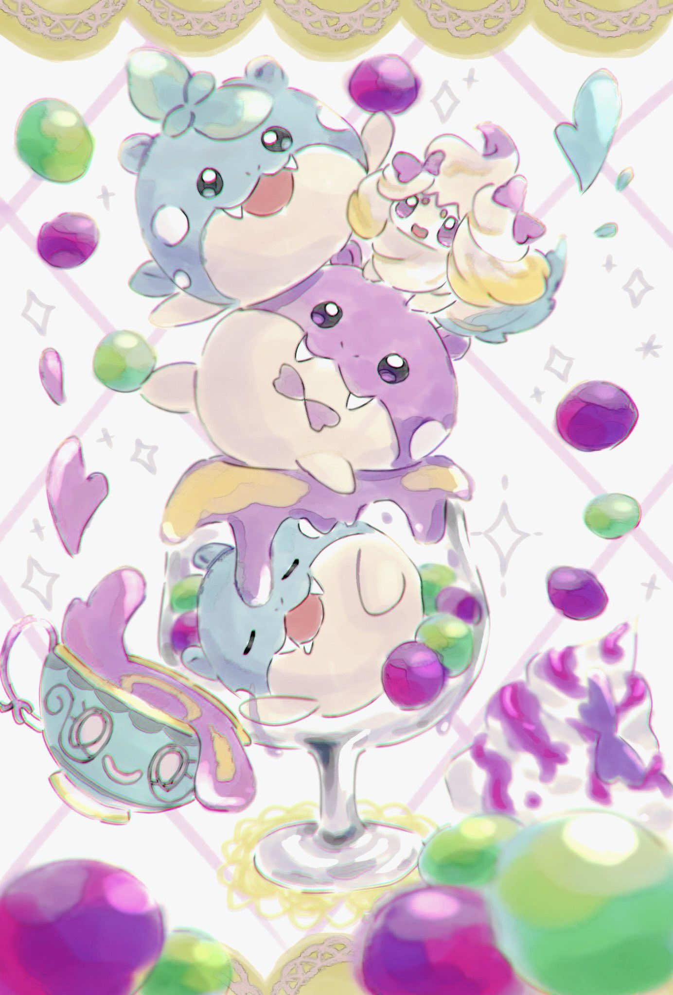 :d alcremie alternate_color ank836 closed_eyes closed_mouth commentary_request cream cup fangs glass heart highres no_humans open_mouth pokemon pokemon_(creature) shiny_pokemon sinistea smile sparkle spheal violet_eyes white_background