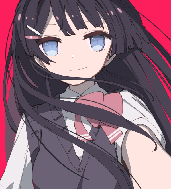 1girl bangs_pinned_back black_sweater_vest blue_eyes bow bowtie brown_hair closed_mouth collared_shirt floating_hair long_bangs long_hair looking_at_viewer nijisanji pink_background pink_bow pink_bowtie school_uniform shirt short_sleeves sidelocks simple_background smile solo sou_(tuhut) straight_hair sweater_vest tsukino_mito upper_body v-neck virtual_youtuber white_shirt wispy_bangs