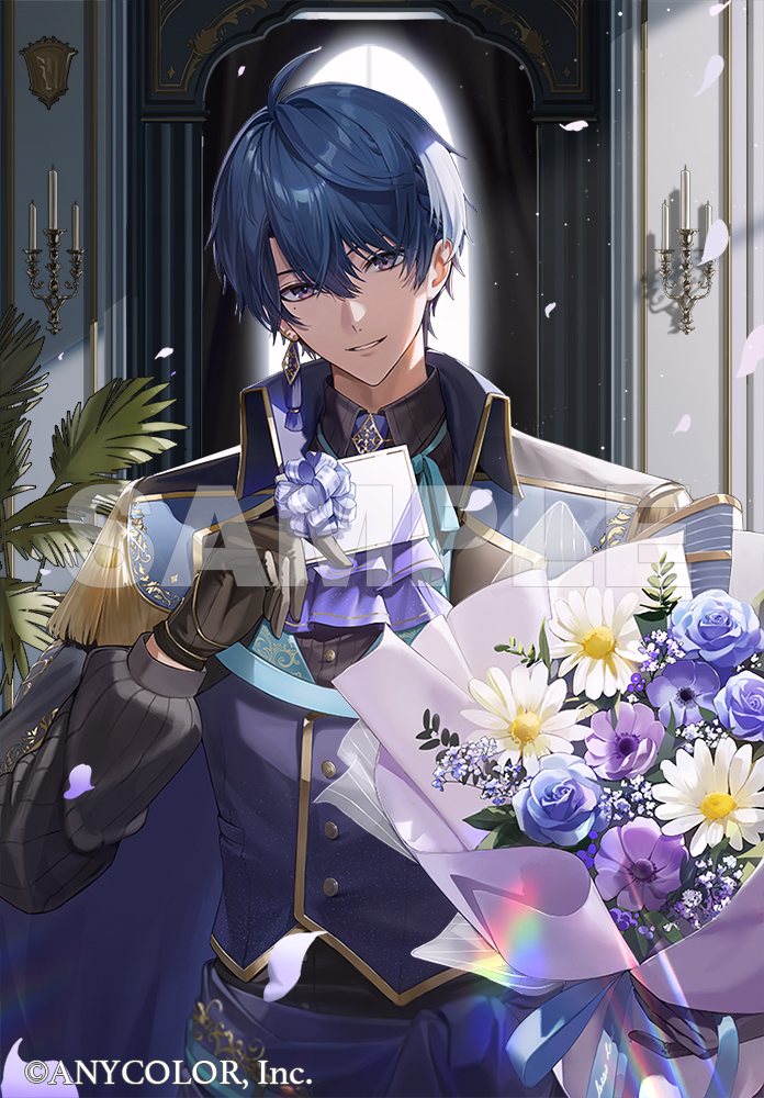 1boy anemone_(flower) arch ascot baby's-breath black_cape black_gloves black_shirt blue_cape blue_flower blue_hair blue_ribbon blue_rose blue_sash bouquet bow candle candlestand cape card collared_cape collared_shirt copyright_notice curtains daisy earrings epaulettes falling_petals flower gloves gold_trim hair_between_eyes harusaki_air holding holding_bouquet holding_card indoors jewelry long_sleeves looking_at_viewer male_focus mole mole_under_eye neck_ribbon nijisanji official_art parted_lips petals pinstripe_pattern pinstripe_shirt plant purple_ascot purple_bow purple_flower purple_vest ribbon rose sample_watermark sash shirt single_earring sjamki smile solo tassel tassel_earrings two-sided_cape two-sided_fabric upper_body vest violet_eyes virtual_youtuber watermark white_flower