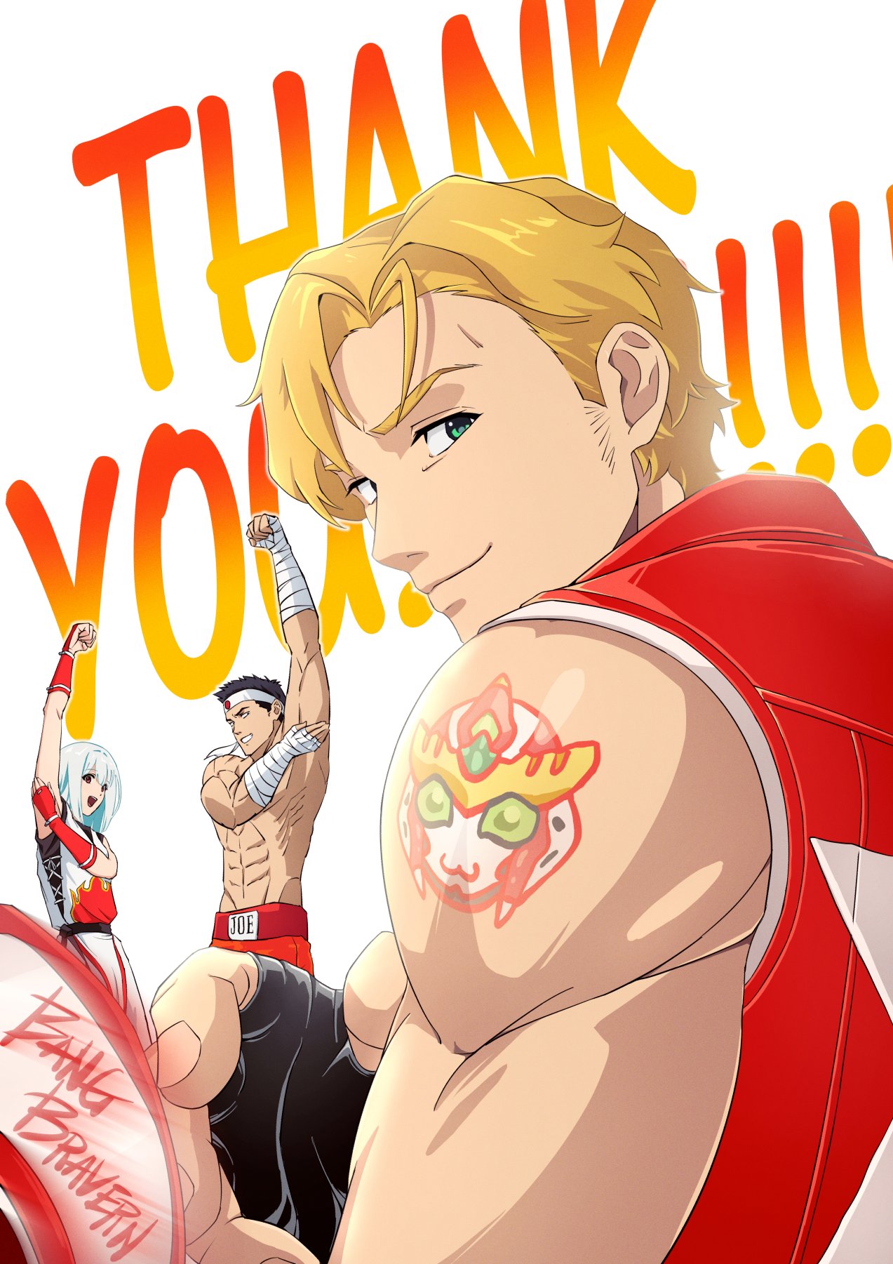1girl 2boys ao_isami black_hair blonde_hair boxing bravern character_tattoo chibi cosplay facial_hair gloves headband highres lewis_smith looking_at_viewer lulu_(bang_bravern) multiple_boys muscular muscular_male open_mouth pants red_eyes short_hair shorts sideburns_stubble simple_background sleeveless smile stubble takatoshi the_king_of_fighters thick_eyebrows topless white_hair yuuki_bakuhatsu_bang_bravern