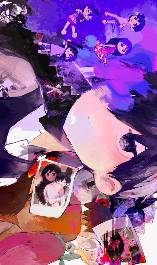 abstract_background aqua_hairband arm_behind_back aubrey_(faraway)_(omori) aubrey_(headspace)_(omori) aubrey_(omori) bare_arms bare_shoulders barefoot black_eyes black_sweater_vest bright_pupils brown_hair checkered_clothes checkered_shirt chibi closed_mouth collared_shirt expressionless hair_behind_ear hairband hero_(headspace)_(omori) hero_(omori) kel_(faraway)_(omori) kel_(headspace)_(omori) kel_(omori) long_hair long_sleeves looking_at_viewer looking_up mari_(faraway)_(omori) mari_(headspace)_(omori) mari_(omori) no_pupils omori orange_tank_top photo_(object) pink_hair pinosan purple_background purple_hair purple_shorts shirt short_hair short_sleeves shorts sideways smile solo_focus spoilers sunny_(omori) sweater_vest tank_top upper_body violet_eyes white_background white_pupils white_shirt