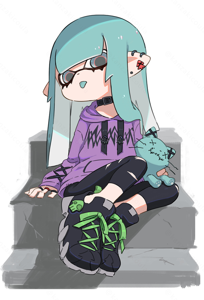 1girl :p aqua_hair belt_collar black_collar black_footwear black_leggings collar commentary_request coula_cat cross-laced_footwear ear_piercing eyelashes full_body grey_eyes holding holding_stuffed_toy hood hoodie inkling inkling_girl inkling_player_character leggings long_hair pants piercing pointy_ears purple_hoodie shoes simple_background sitting sitting_on_stairs sleeves_past_wrists solo splatoon_(series) stairs stuffed_toy tentacle_hair tongue tongue_out torn_clothes torn_pants white_background