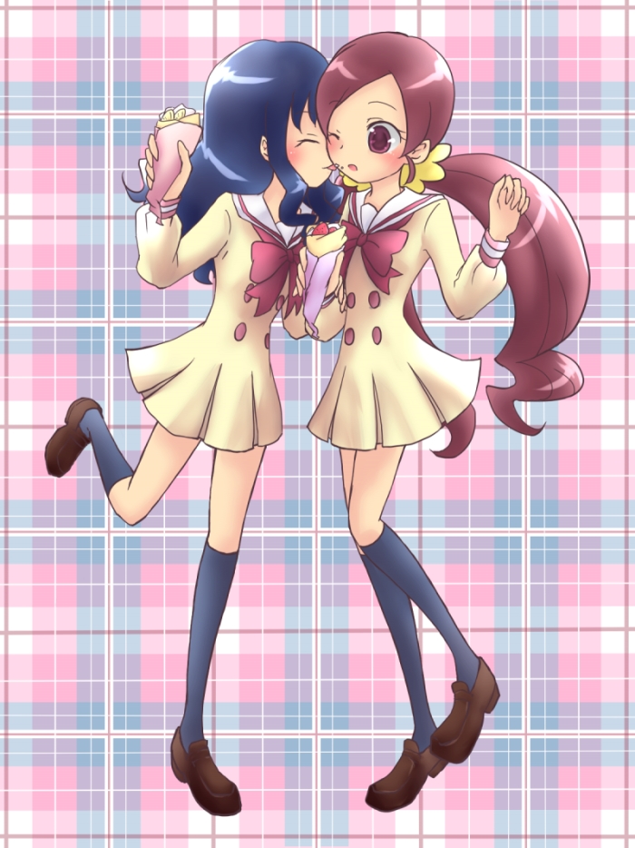 2girls ^_^ black_socks blue_background blue_hair bow bowtie brown_footwear buttons closed_eyes collared_dress commentary_request crumbs dress eyelashes flower food full_body hair_flower hair_ornament hanasaki_tsubomi heartcatch_precure! holding holding_food kneehighs kurumi_erika leg_up licking licking_another's_face light_blush long_hair long_sleeves low_twintails multiple_girls myoudou_gakuen_middle_school_uniform one_eye_closed open_mouth pink_background pink_bow pink_bowtie pink_eyes pink_hair plaid plaid_background pleated_skirt precure sailor_collar school_uniform shoes short_dress simple_background skirt socks twintails two-tone_background uwabaki very_long_hair wavy_hair white_sailor_collar yellow_dress yellow_flower yellow_sleeves yuri yzb-030