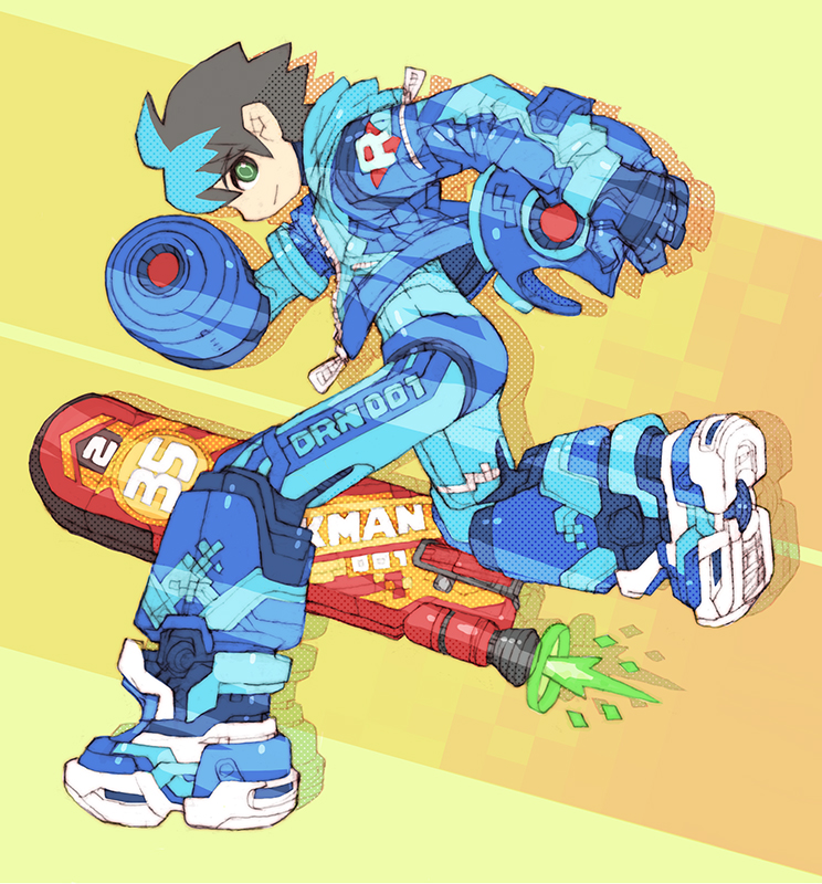 alternate_costume anniversary arm_cannon armored_boots blue_footwear blue_jacket boots brown_hair character_name copyright_name green_eyes helmet holding holding_helmet hood hooded_jacket hoverboard jacket mega_man_(character) mega_man_(series) nakayama_tooru no_headwear short_hair spiky_hair weapon yellow_background