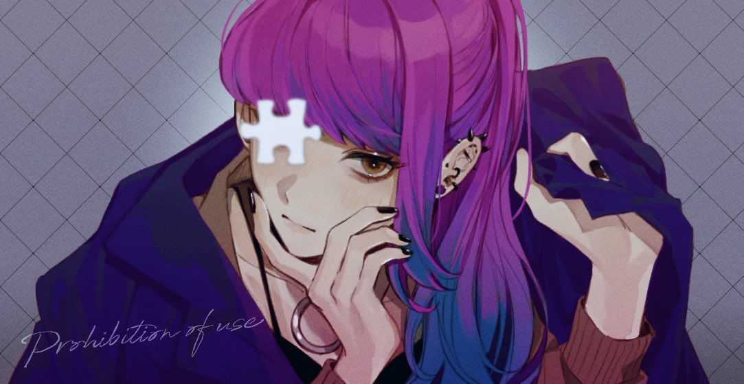 1girl black_nails brown_eyes closed_mouth colored_tips ear_piercing grey_background hand_on_own_face hands_up jacket long_hair long_sleeves looking_at_viewer minai_mosa multicolored_hair one_eye_covered original piercing pink_hair purple_hair purple_jacket puzzle_piece solo upper_body watermark
