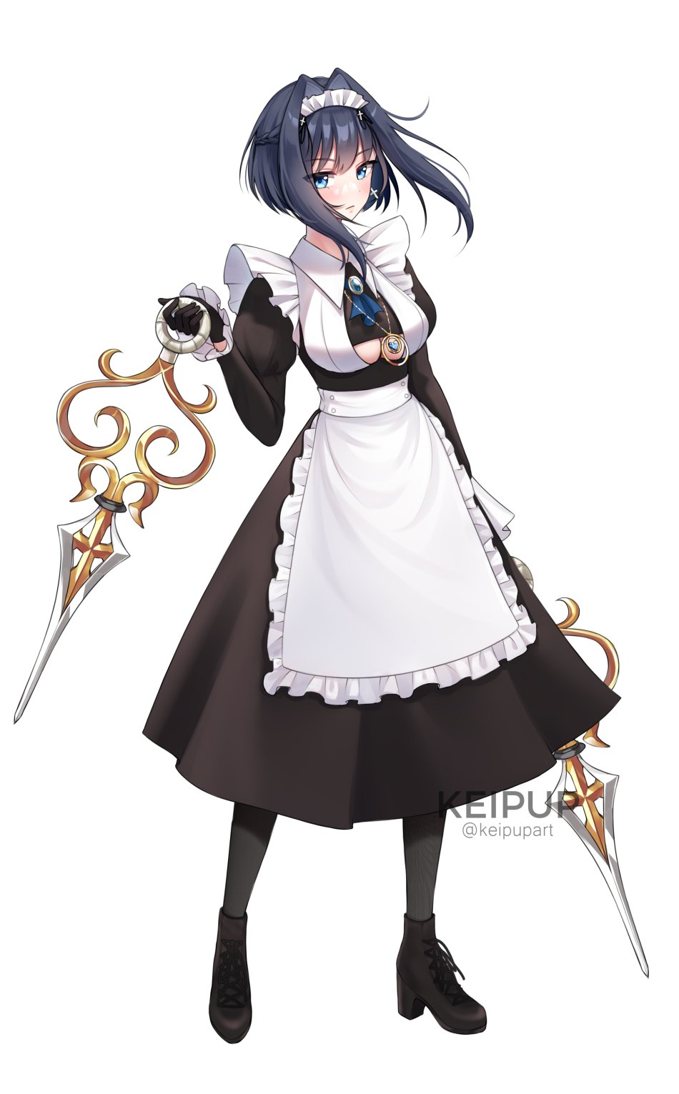1girl alternate_costume apron black_footwear blue_eyes blue_hair breasts enmaided hair_intakes highres hololive hololive_english keipup maid maid_apron maid_headdress ouro_kronii sword under_boob virtual_youtuber weapon