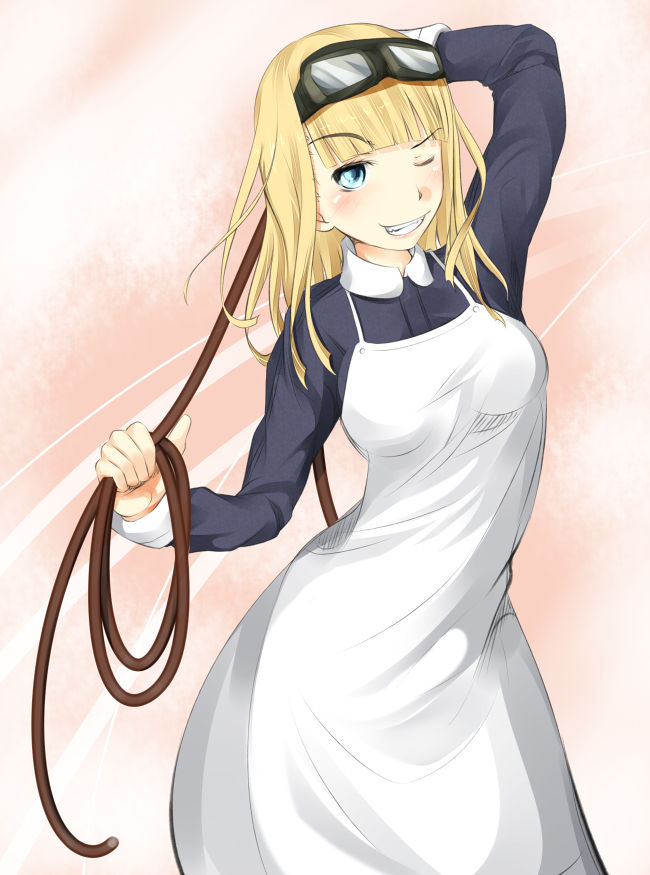 1girl apron arm_up black_jacket blonde_hair blue_eyes blunt_bangs blush breasts collar collared_jacket commentary_request cowboy_shot goggles goggles_on_head grin holding holding_rope jacket long_hair long_sleeves looking_at_viewer maid maid_apron medium_breasts one_eye_closed pink_background rope shin_(highest1192) silvia_(toaru_majutsu_no_index) smile solo sunglasses toaru_majutsu_no_index toaru_majutsu_no_index:_new_testament v-shaped_eyebrows whip white_apron white_collar