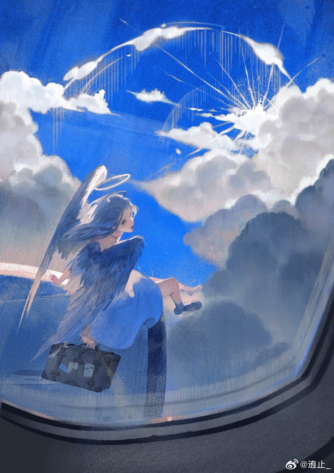 1girl airplane_interior angel angel_wings bag black_footwear blue_background blue_hair blue_sky blue_theme clouds cloudy_sky commentary day dress feathered_wings flying from_behind full_body halo highres holding holding_suitcase long_hair original outdoors shoes sitting sky solo suitcase symbol-only_commentary weibo_logo weibo_username white_dress wings youzhi