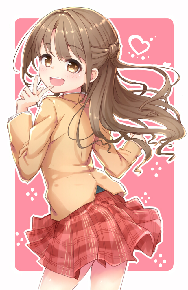 1girl :d blush brown_eyes brown_hair brown_jacket commentary_request cowboy_shot floating_hair from_behind half_updo hands_up heart idolmaster idolmaster_cinderella_girls inset_border jacket kuresuku_(lessons) long_hair long_sleeves looking_at_viewer looking_back miniskirt open_mouth outline outside_border pink_background plaid plaid_skirt pleated_skirt raised_eyebrows red_skirt shimamura_uzuki skirt smile solo teeth thick_eyelashes upper_teeth_only w white_background white_outline