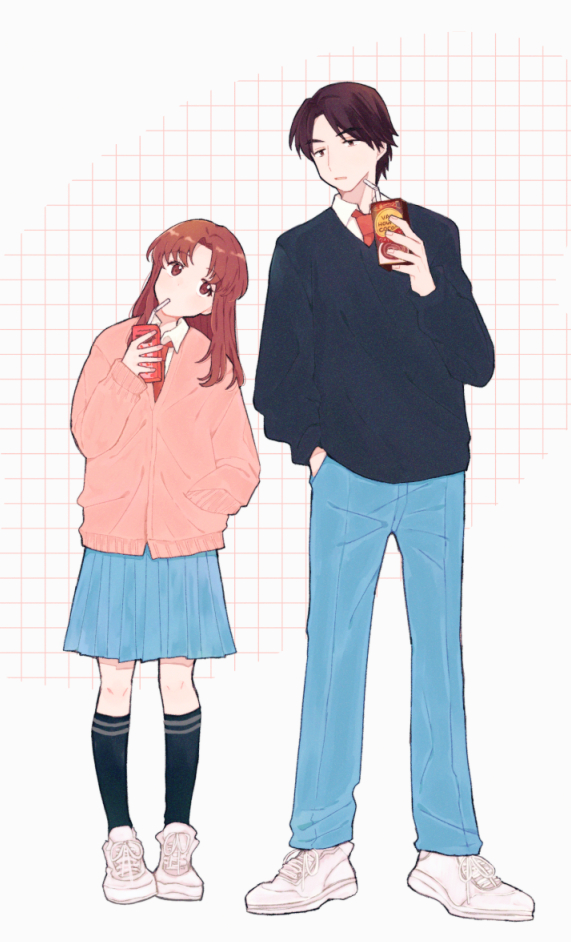 1boy 1girl black_socks black_sweater blue_pants blue_skirt blue_sweater brown_hair cardigan collared_shirt drink drinking_straw drinking_straw_in_mouth egashira_mika full_body grid_background hand_in_pocket hand_up head_tilt height_difference holding holding_carton holding_drink juice_box kneehighs long_hair long_sleeves looking_at_viewer mukai_tsukasa necktie pants parted_bangs pechevail red_cardigan red_eyes red_necktie redhead school_uniform shirt shoes skip_to_loafer skirt sneakers socks standing sweater white_background white_footwear white_shirt