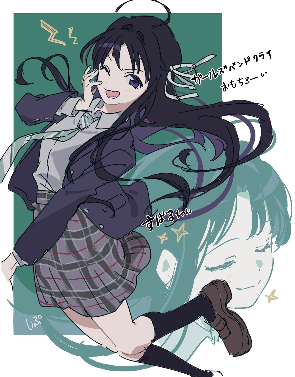 1girl ahoge awa_subaru black_hair black_jacket black_socks blazer blush border brown_footwear closed_eyes closed_mouth collared_shirt commentary_request dress_shirt floating_hair girls_band_cry green_background green_necktie grey_skirt hair_intakes hair_ornament hair_ribbon hand_on_own_cheek hand_on_own_face hand_up head_tilt highres jacket jumping kneehighs loafers long_hair looking_at_viewer loose_necktie lower_teeth_only multiple_views necktie one_eye_closed open_mouth plaid plaid_skirt ribbon school_uniform shipu_(gassyumaron) shirt shirt_tucked_in shoes simple_background skirt socks solo star_(symbol) straight_hair striped_necktie teeth text_background thighs translation_request two-tone_necktie very_long_hair violet_eyes white_background white_border white_necktie white_ribbon white_shirt