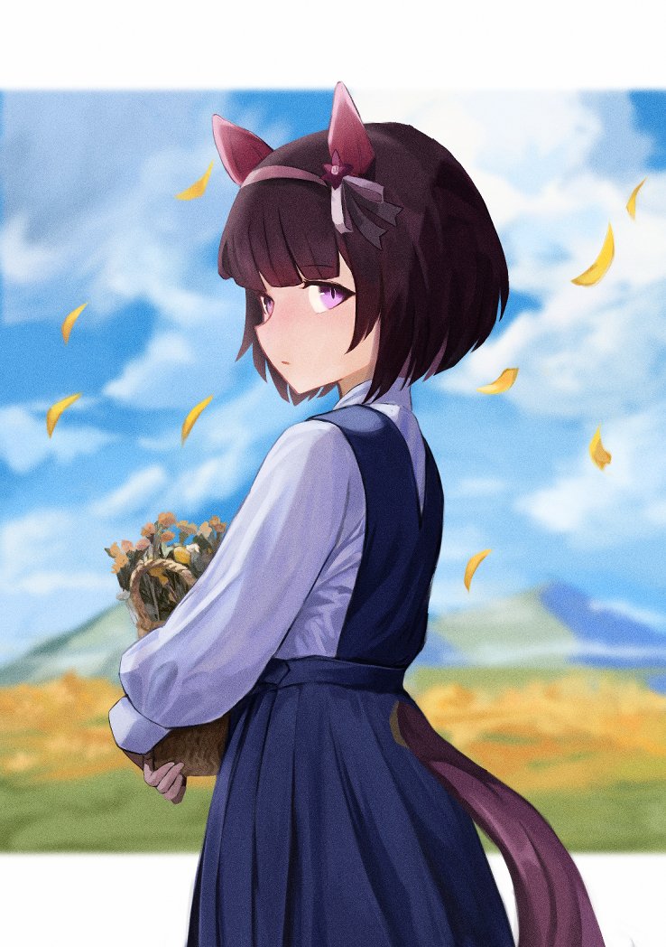 1girl alternate_costume animal_ears basket e_nnihql ear_covers flower from_side hairband holding holding_basket horse_ears horse_girl horse_tail long_sleeves looking_at_viewer looking_to_the_side nishino_flower_(umamusume) pink_hairband shirt short_hair skirt solo tail tail_through_clothes umamusume violet_eyes white_shirt