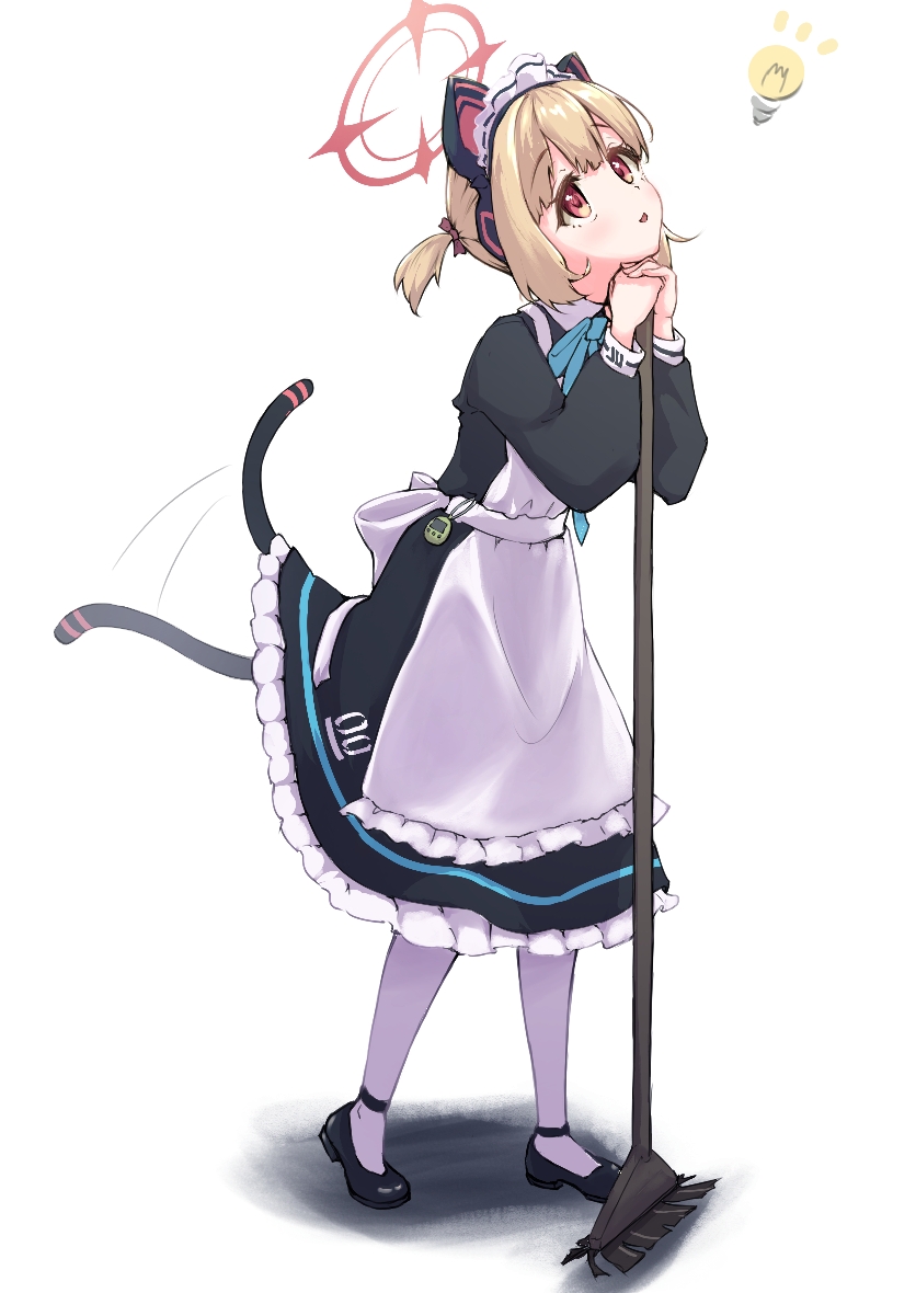 1girl afterimage animal_ear_headphones animal_ears apron black_dress black_footwear blonde_hair blue_archive blush cat_tail dress fake_animal_ears frilled_apron frilled_dress frills full_body halo headphones long_sleeves maid maid_apron maid_headdress meluwow momoi_(blue_archive) momoi_(maid)_(blue_archive) official_alternate_costume pantyhose parted_lips pink_halo red_eyes shoes short_hair simple_background solo tail white_apron white_background white_pantyhose