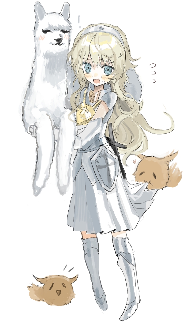 1984_(artist) 1girl alpaca animal armor armored_boots black_souls blonde_hair blue_eyes blush boots dress embarrassed fluffy_(black_souls) flying_sweatdrops full_body gauntlets hairband holding holding_animal jeanne_(black_souls) long_hair looking_at_viewer open_mouth pauldrons shoulder_armor sidelocks simple_background solo sweat sword weapon white_background white_dress white_hairband