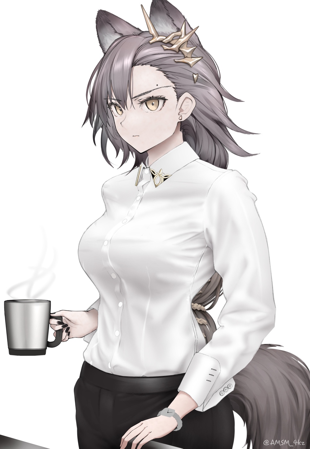 1girl animal_ears arknights black_nails black_pants brown_hair brown_tail buttoned_cuffs buttons closed_mouth collared_shirt cowboy_shot cup dress_shirt earrings fingernails hair_behind_ear hair_ornament highres holding holding_cup jewelry long_hair long_sleeves looking_ahead mole mole_above_eye mole_on_forehead mug nail_polish pants penance_(arknights) serious shirt simple_background solo standing steam surgeon_cuffs tail twitter_username white_background white_shirt yellow_eyes yokaze_(yokajie)