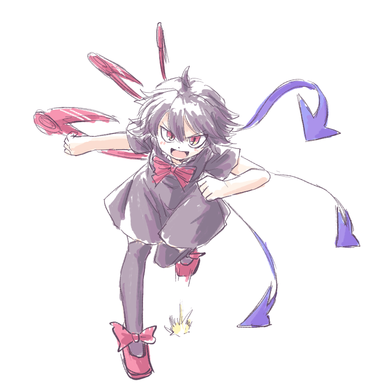 1girl ahoge aokukou black_dress black_hair black_thighhighs bow commentary_request dress flat_chest hair_between_eyes houjuu_nue neck_ribbon open_mouth red_bow red_eyes red_footwear red_ribbon ribbon running running_towards_viewer short_dress short_hair short_sleeves simple_background sketch smile thigh-highs touhou white_background