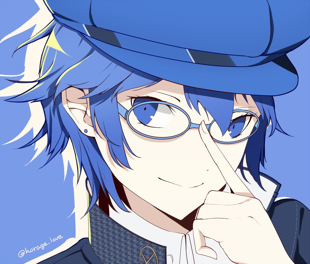 1girl adjusting_eyewear blue-framed_eyewear blue_background blue_eyes blue_hair blue_hat blue_theme cabbie_hat closed_mouth commentary detective dot_nose glasses hat horage_love houndstooth persona persona_4 reverse_trap shirogane_naoto short_hair silhouette simple_background smile solo symbol-only_commentary tomboy tsurime twitter_username upper_body
