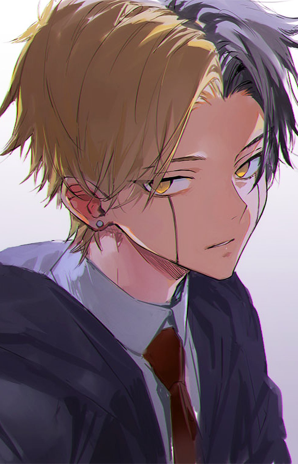 1boy black_robe collared_shirt facial_mark highres looking_at_viewer mashle mm39572 multicolored_hair necktie parted_lips rayne_ames red_necktie robe shirt solo split-color_hair upper_body white_background white_shirt yellow_eyes