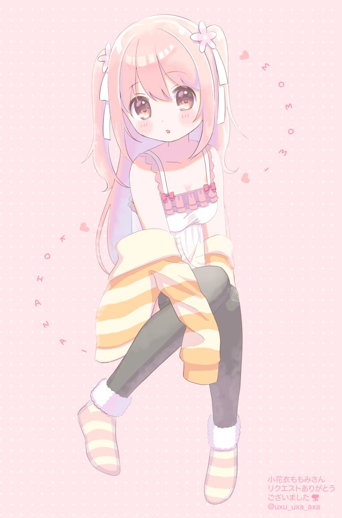 1girl black_thighhighs blush_stickers character_name collarbone frilled_straps indie_virtual_youtuber kohanai_momomi long_hair looking_at_viewer open_mouth pink_background pink_eyes pink_hair shirt socks solo striped_clothes striped_socks thigh-highs twintails uxu_uxa_axa virtual_youtuber white_shirt