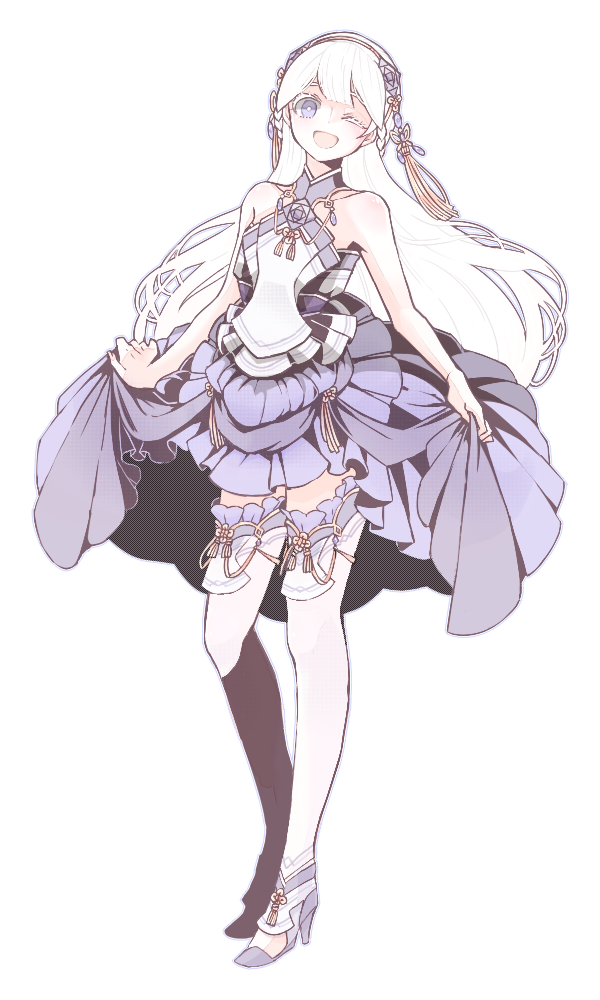 1girl ;d bare_shoulders black_background dress frills full_body hair_ornament hairband high_heels long_hair looking_at_viewer marini_musique one_eye_closed open_mouth original simple_background skirt_hold smile solo standing thigh-highs very_long_hair white_hair white_thighhighs