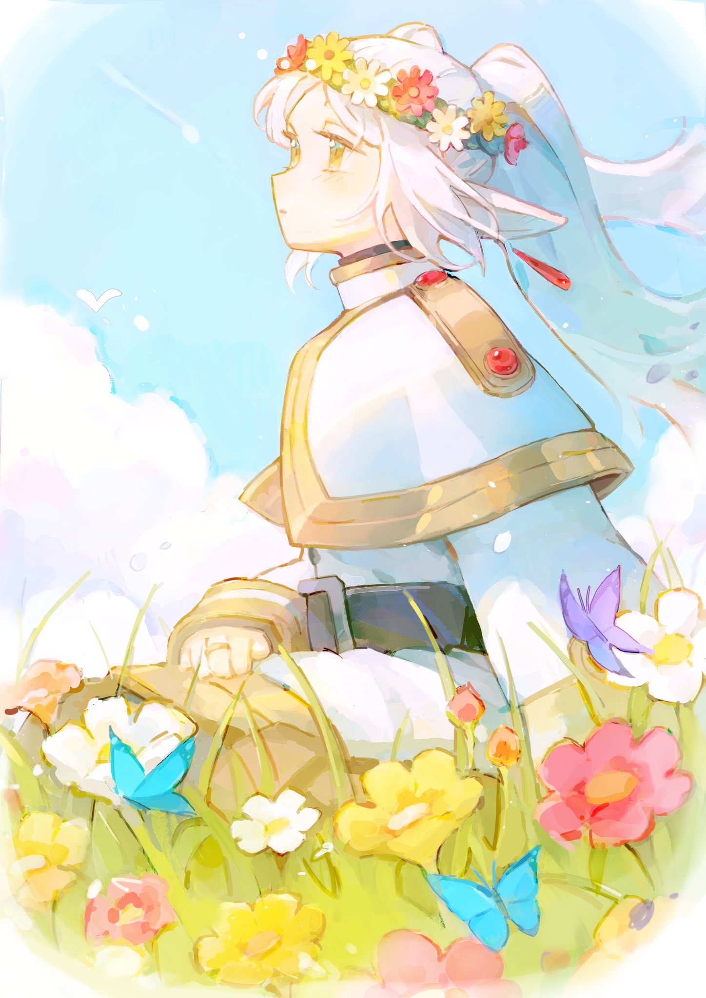 1girl belt blue_butterfly blue_sky bug butterfly capelet closed_mouth clouds commentary day dress earrings elf floating_hair flower frieren grass green_eyes highres jewelry long_hair long_sleeves malfuncio on_ground outdoors pink_flower pointy_ears profile purple_butterfly red_flower ring sitting sky solo sousou_no_frieren twintails wedding_ring white_capelet white_dress white_flower white_hair yellow_flower