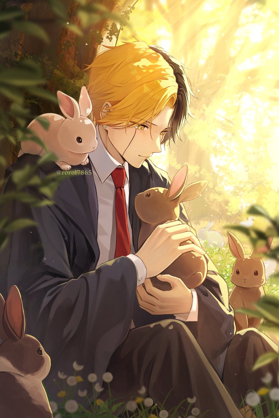 1boy black_hair black_robe blonde_hair collared_shirt facial_mark forest highres light long_sleeves mashle multicolored_hair nature necktie outdoors rabbit rayne_ames red_necktie robe rorol7865 shirt solo split-color_hair tree white_shirt yellow_eyes