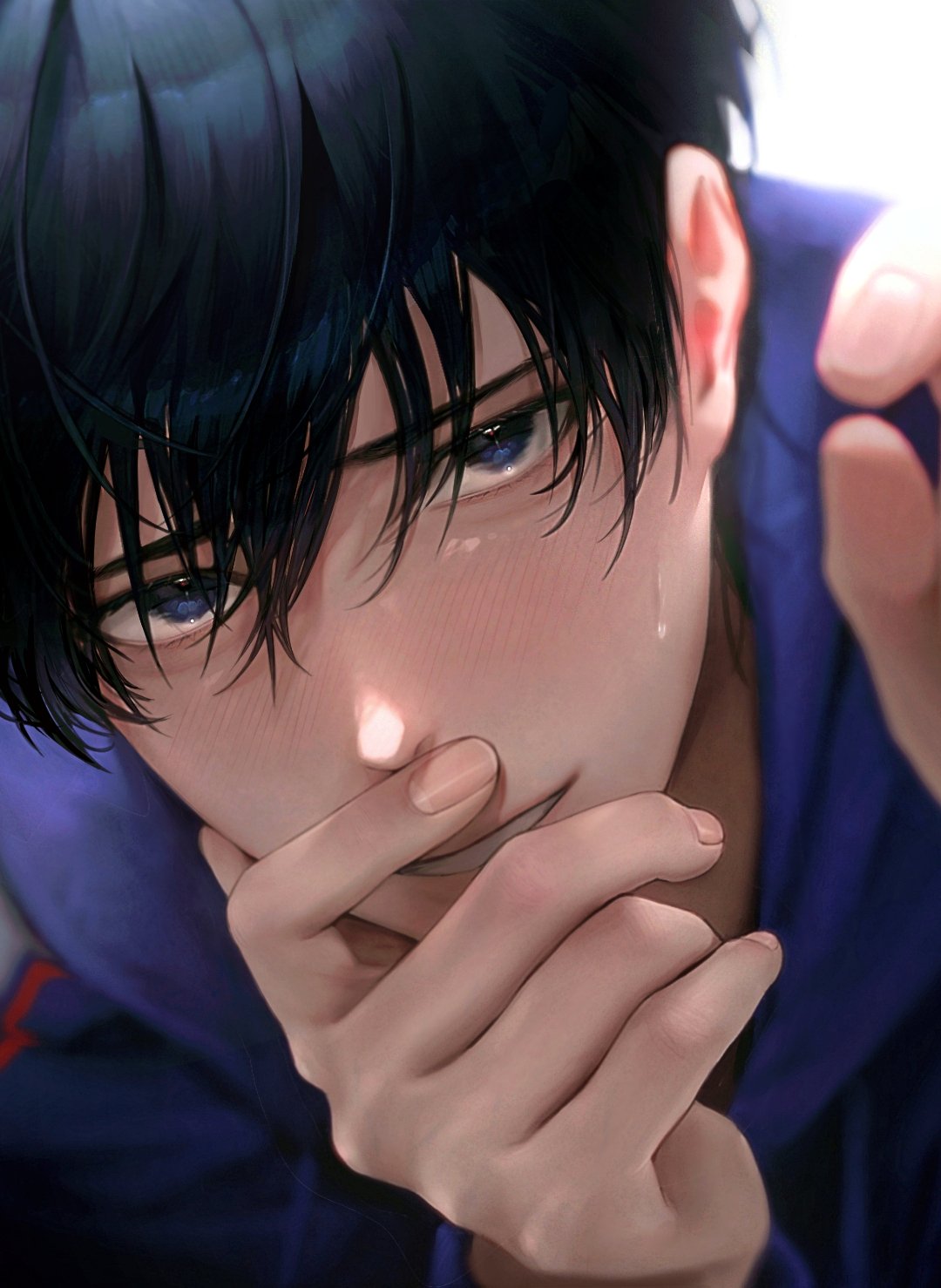 1boy black_hair blue_eyes blue_shirt blush close-up collared_shirt covering_own_mouth female_pov fingernails garbage_time gugong_(90_un) hand_over_own_mouth highres leaning_forward light_smile looking_at_viewer male_focus park_byeongchan parted_lips portrait pov reaching reaching_towards_viewer shirt short_hair shy simple_background solo sweatdrop