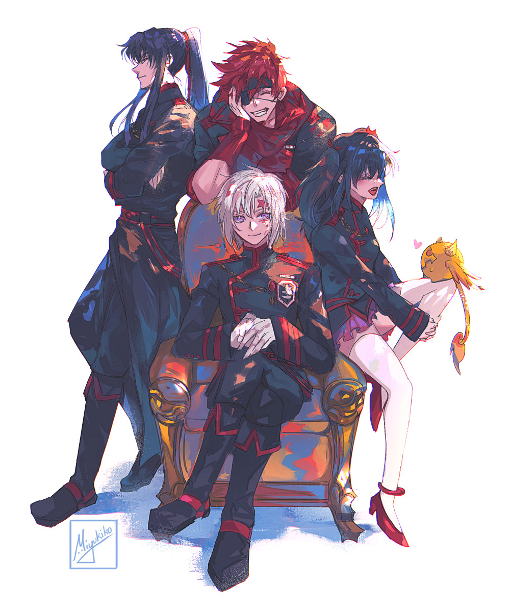 1girl 3boys allen_walker anklet black_hair black_order_uniform boots closed_eyes closed_mouth crossed_arms crossed_legs d.gray-man eyepatch facial_mark frilled_skirt frills full_body gloves hair_between_eyes headband heart highres jacket jewelry kanda_yuu lavi leaning_forward lenalee_lee long_coat long_hair long_sleeves looking_at_viewer male_focus miyukiko multiple_boys on_chair open_mouth pink_skirt ponytail profile red_scarf redhead scar scarf shirt short_hair signature sitting skirt smile standing thigh-highs timcanpy two_side_up violet_eyes white_background white_hair white_thighhighs