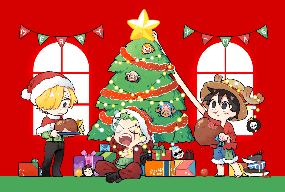 &gt;_&lt; 3boys :t antlers black_hair black_pants blonde_hair blue_shorts boned_meat bowl brook_(one_piece) christmas christmas_lights christmas_ornaments christmas_present christmas_star christmas_tree commentary curly_eyebrows decorating dishes eating facial_hair food franky_(one_piece) frown gift green_hair green_shirt hair_over_one_eye haramaki hat holding holding_food holding_plate horns jacket japanese_clothes kimono leaning_back long_bangs long_sleeves looking_at_another looking_at_object looking_down looking_up male_focus meat merry_christmas mob0322 monkey_d._luffy multiple_boys mustache_stubble nami_(one_piece) nico_robin one_piece open_mouth pants plate red_background red_jacket red_kimono reindeer_antlers roronoa_zoro sandals sanji_(one_piece) santa_hat scar scar_across_eye scar_on_cheek scar_on_chest scar_on_face shirt short_hair shorts sitting sleeping standing striped_clothes stubble tony_tony_chopper usopp v-shaped_eyebrows