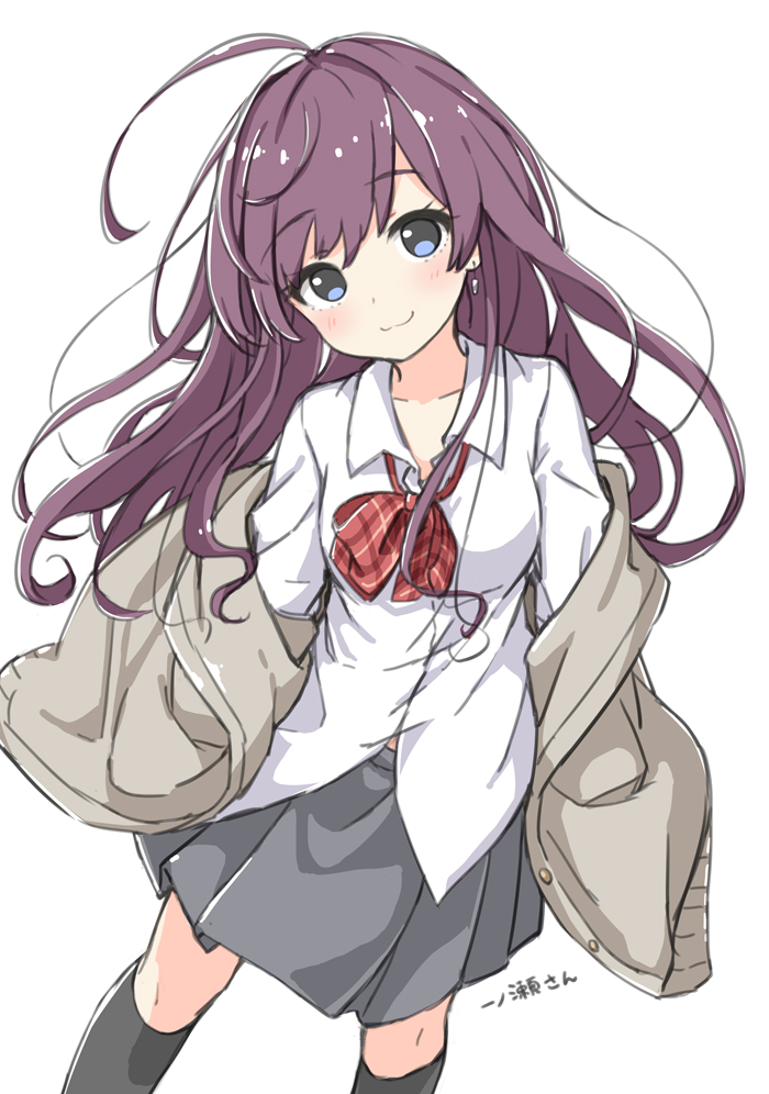 1girl :d ahoge blue_eyes blush bow bowtie breasts character_name closed_mouth collar collarbone collared_shirt cowboy_shot dot_nose eyelashes grey_shirt head_tilt ichinose_shiki idolmaster idolmaster_cinderella_girls kneehighs kuresuku_(lessons) long_hair long_sleeves looking_at_viewer loose_bowtie messy_hair off_shoulder parted_bangs plaid plaid_bow plaid_bowtie pleated_skirt purple_hair red_bow red_bowtie school_uniform shirt simple_background skirt small_breasts smile socks solo straight_hair sweater wavy_hair white_background white_collar white_shirt zettai_ryouiki