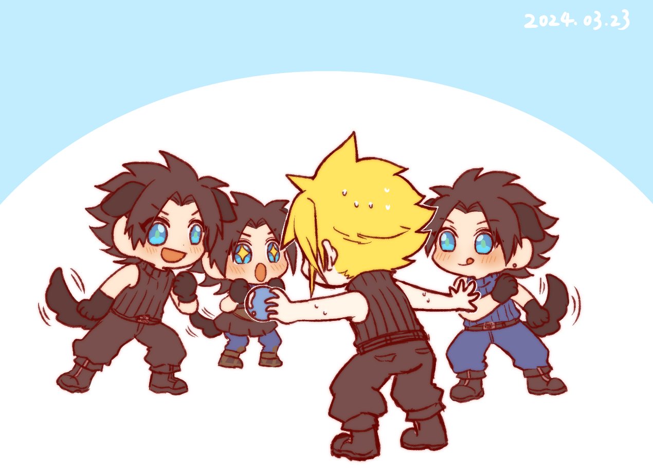 4boys :o age_progression animal_ears animal_hands arms_up ball belt black_belt black_footwear black_gloves black_hair black_pants black_sweater blonde_hair blue_background blue_eyes blue_pants blue_sweater blush boots chibi cloud_strife commentary crisis_core_final_fantasy_vii dated dog_boy dog_ears dog_tail earrings facing_away final_fantasy final_fantasy_vii full_body gloves hands_up happy holding holding_ball jewelry kemonomimi_mode kingdom_hearts kingdom_hearts_birth_by_sleep leaning_forward linothorax lll777777lll meme multiple_belts multiple_boys open_mouth pants parted_bangs prattkeeping_(meme) short_hair simple_background sleeveless sleeveless_sweater sleeveless_turtleneck smile sparkling_eyes spiky_hair standing stud_earrings sweat sweater tail tail_wagging tongue tongue_out turtleneck turtleneck_sweater white_background zack_fair