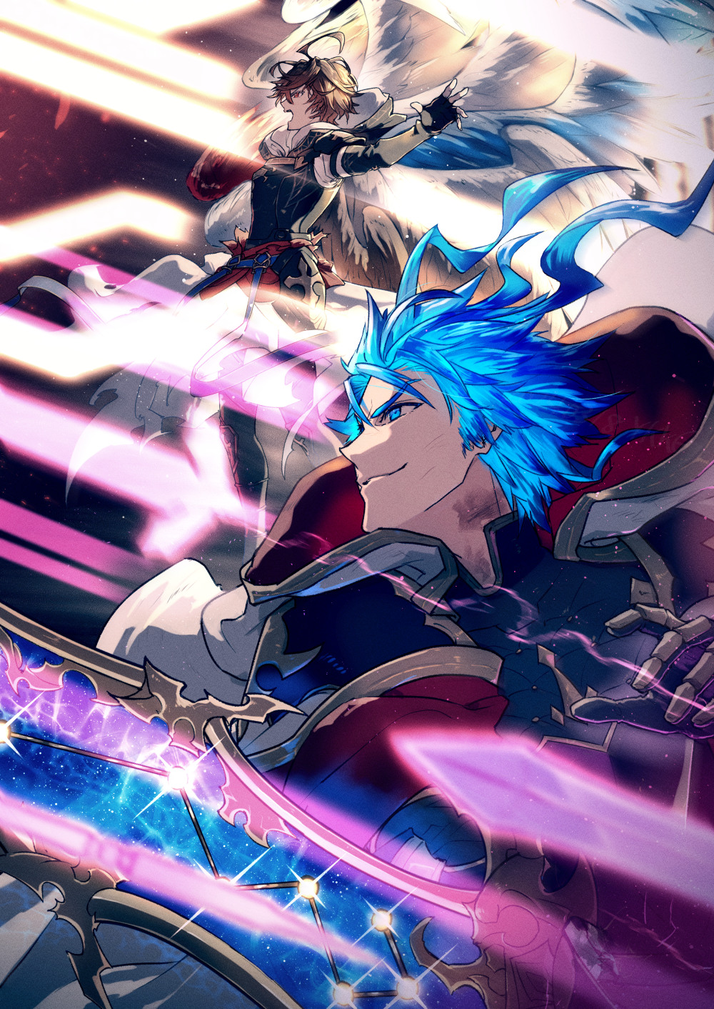 2boys ahoge alternate_hair_color armor bishounen blue_eyes blue_hair blue_wings breastplate brown_hair bruise cape commentary commentary_request fighting fingerless_gloves from_side furrowed_brow gauntlets gloves granblue_fantasy hair_between_eyes highres hood hood_down injury jacket light male_focus messy_hair multiple_boys outstretched_arms parted_bangs red_eyes red_wings sandalphon_(granblue_fantasy) seofon_(granblue_fantasy) short_hair smile spiky_hair spoilers star_(sky) turtleneck waldtrad white_cape white_jacket white_wings wings